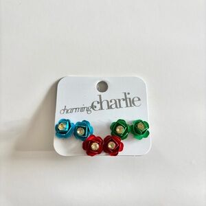 Colorful Rose Earrings Set of 3 Blue Red and Green Silver Tone